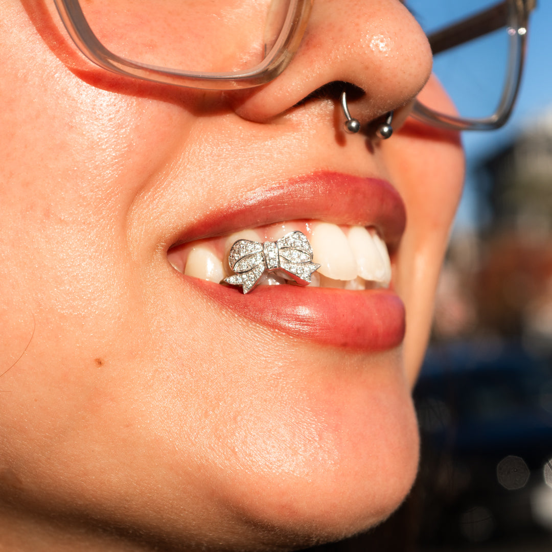 Iced Bow Double Cap Grillz - Custom Gold Grillz