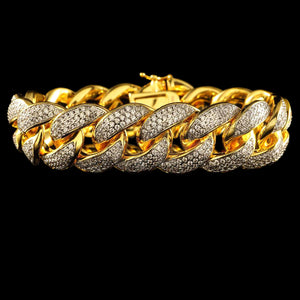 18mm Diamond 3 Row Iced Cuban Link Bracelet in Yellow Gold