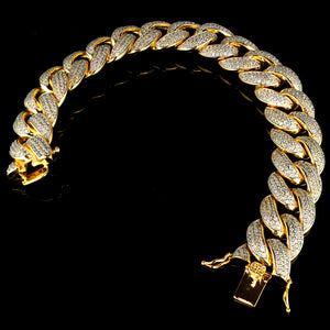 18mm Diamond 3 Row Iced Cuban Link Bracelet in Yellow Gold